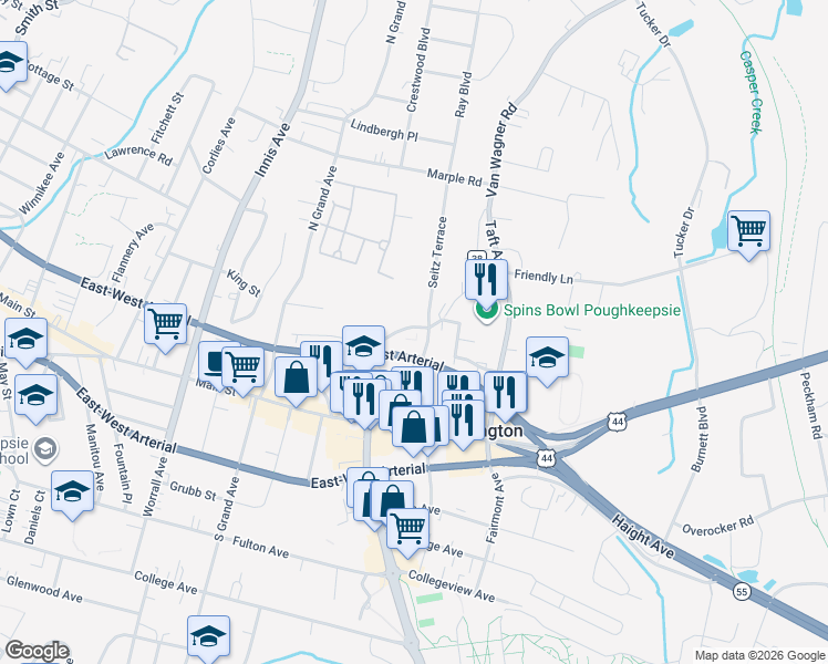map of restaurants, bars, coffee shops, grocery stores, and more near 54 Springside Avenue in Poughkeepsie