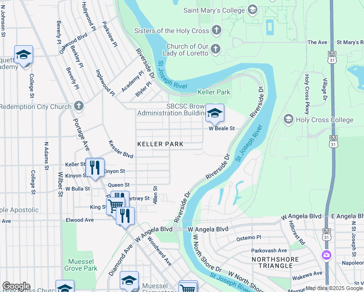 map of restaurants, bars, coffee shops, grocery stores, and more near 922 Roosevelt Street in South Bend