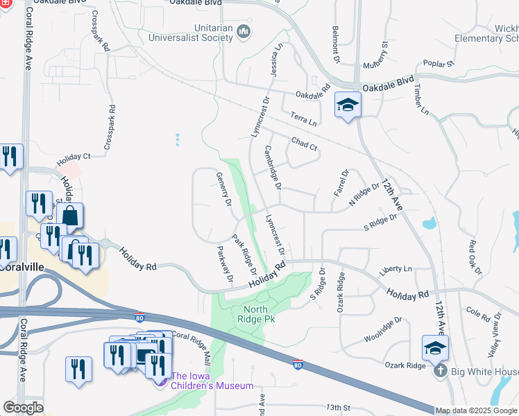map of restaurants, bars, coffee shops, grocery stores, and more near 2111-2119 N Ridge Dr in Coralville
