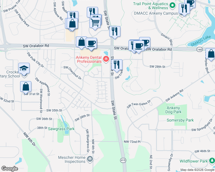 map of restaurants, bars, coffee shops, grocery stores, and more near 3046 Southwest Arlan Lane in Ankeny
