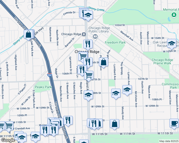 map of restaurants, bars, coffee shops, grocery stores, and more near 10634 Oxford Avenue in Chicago Ridge