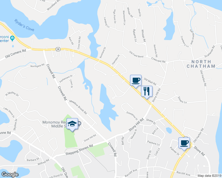 map of restaurants, bars, coffee shops, grocery stores, and more near 81 Misty Meadow Lane in Chatham