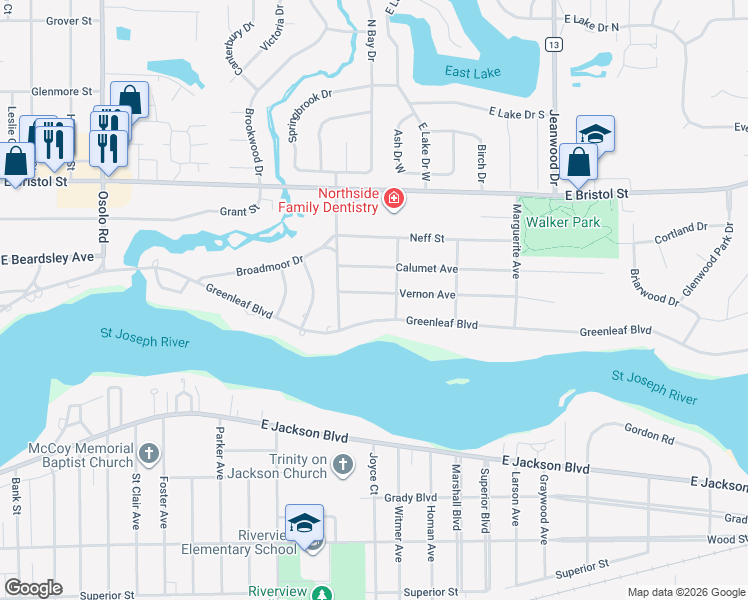 map of restaurants, bars, coffee shops, grocery stores, and more near 2803 Vernon Avenue in Elkhart