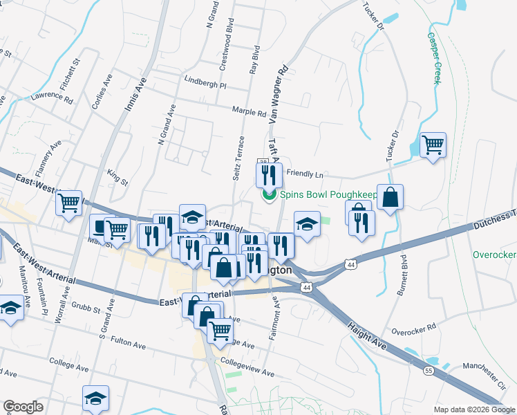 map of restaurants, bars, coffee shops, grocery stores, and more near 40 Arlington Avenue in Poughkeepsie