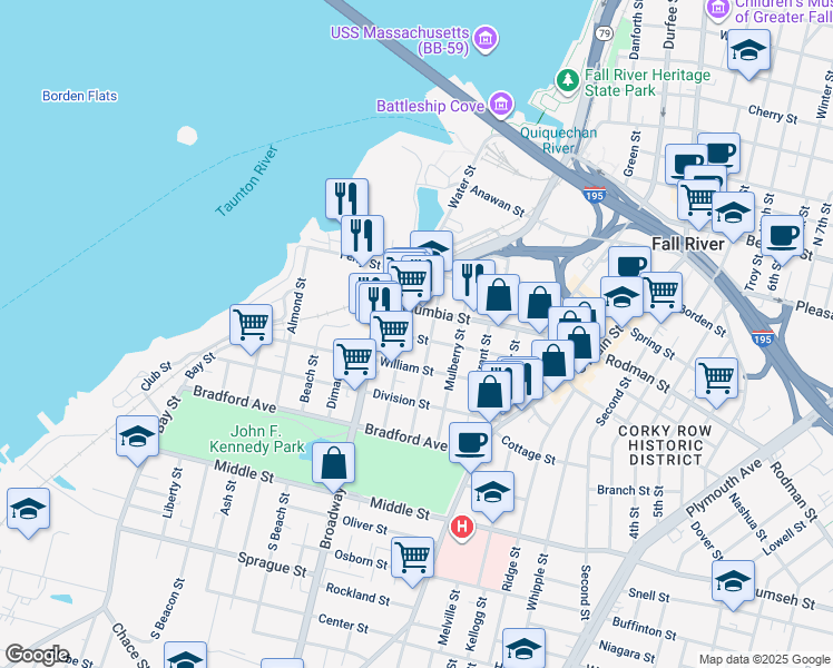 map of restaurants, bars, coffee shops, grocery stores, and more near 154 Eagle Street in Fall River