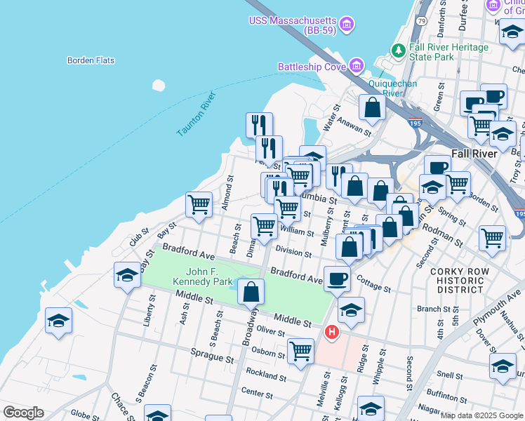 map of restaurants, bars, coffee shops, grocery stores, and more near 167 Broadway in Fall River