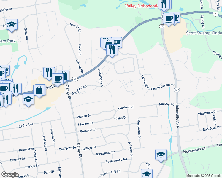 map of restaurants, bars, coffee shops, grocery stores, and more near 8 Cardinal Drive in Farmington