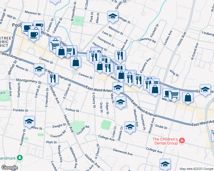 map of restaurants, bars, coffee shops, grocery stores, and more near 337 Church Street in Poughkeepsie