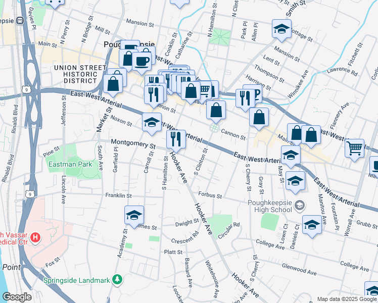 map of restaurants, bars, coffee shops, grocery stores, and more near 152 Montgomery Street in Poughkeepsie