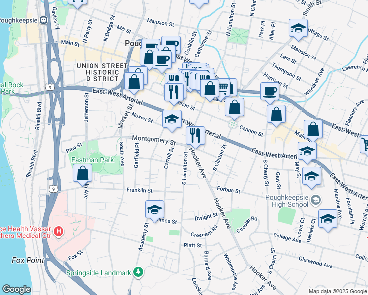 map of restaurants, bars, coffee shops, grocery stores, and more near 5 Carroll Street in Poughkeepsie