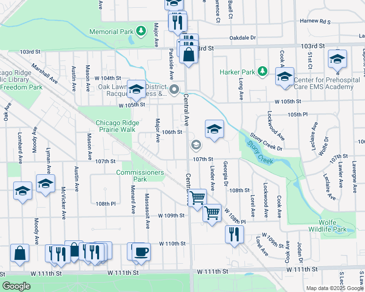 map of restaurants, bars, coffee shops, grocery stores, and more near 10639 Parkside Avenue in Chicago Ridge