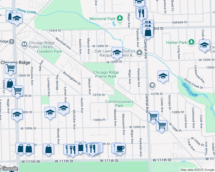 map of restaurants, bars, coffee shops, grocery stores, and more near 5810 107th Court Way in Chicago Ridge