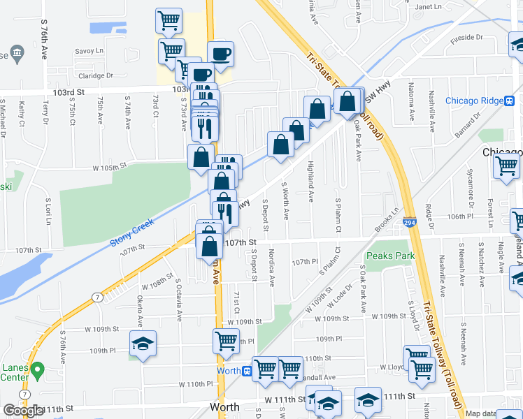 map of restaurants, bars, coffee shops, grocery stores, and more near 10610 South Depot Street in Worth