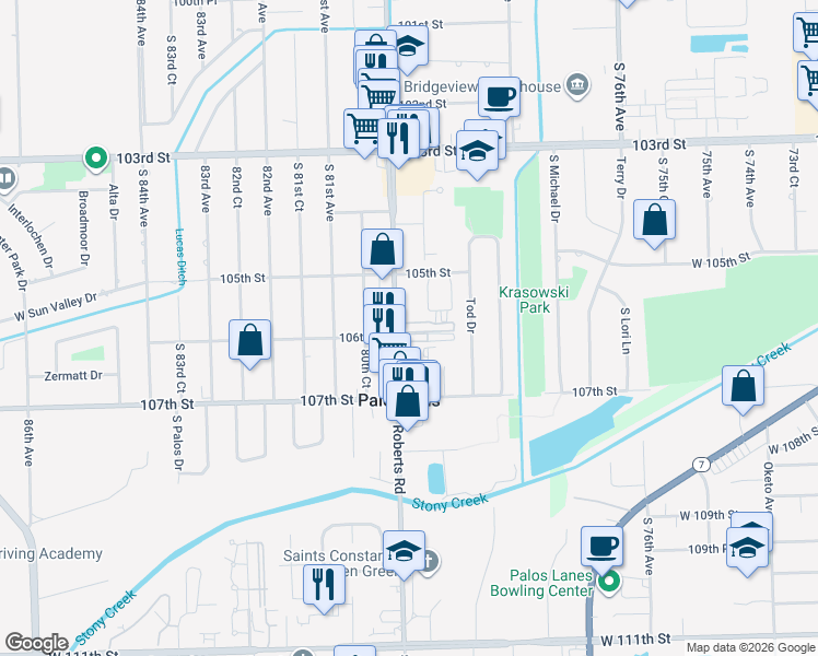 map of restaurants, bars, coffee shops, grocery stores, and more near 7932 Tiffany Court in Palos Hills