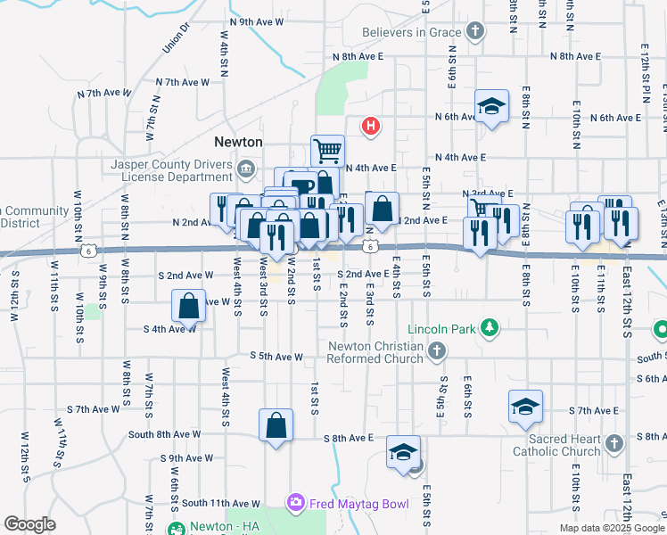 map of restaurants, bars, coffee shops, grocery stores, and more near 201 East 2nd Street South in Newton