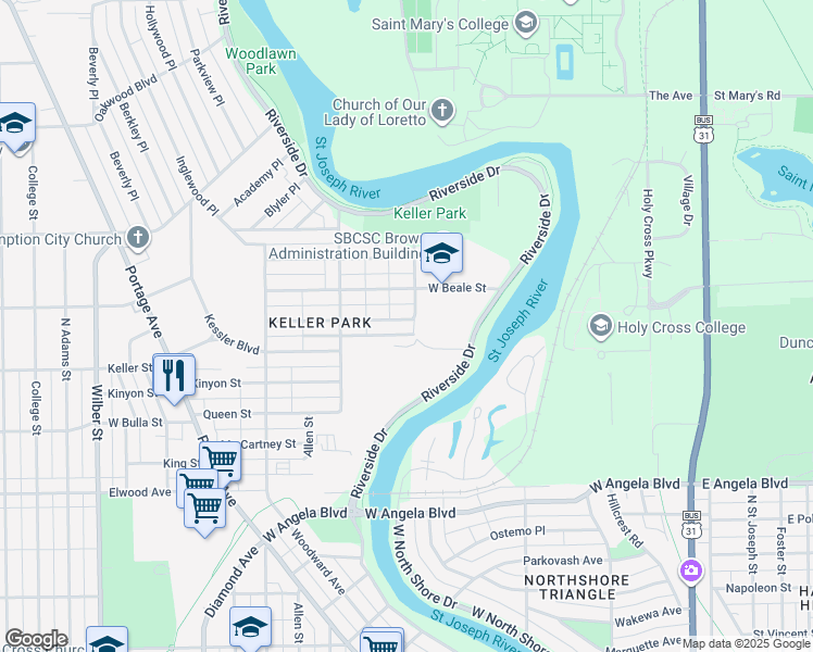 map of restaurants, bars, coffee shops, grocery stores, and more near Roosevelt Street in South Bend
