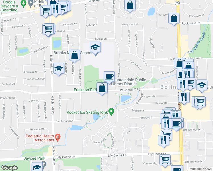 map of restaurants, bars, coffee shops, grocery stores, and more near 300 West Briarcliff Road in Bolingbrook