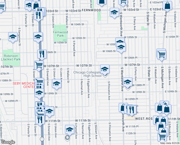 map of restaurants, bars, coffee shops, grocery stores, and more near 10742 South Eggleston Avenue in Chicago