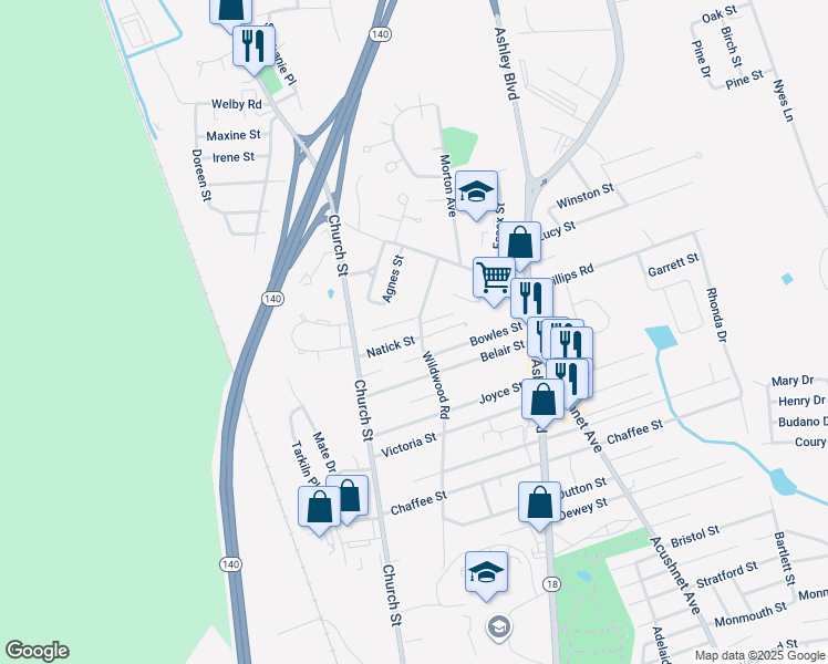 map of restaurants, bars, coffee shops, grocery stores, and more near 101 Natick Street in New Bedford