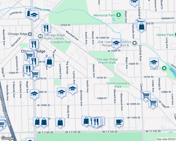 map of restaurants, bars, coffee shops, grocery stores, and more near 10625 Austin Avenue in Chicago Ridge