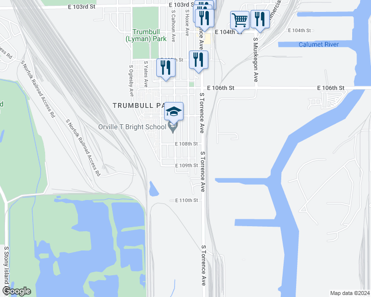 map of restaurants, bars, coffee shops, grocery stores, and more near 10808 South Hoxie Avenue in Chicago