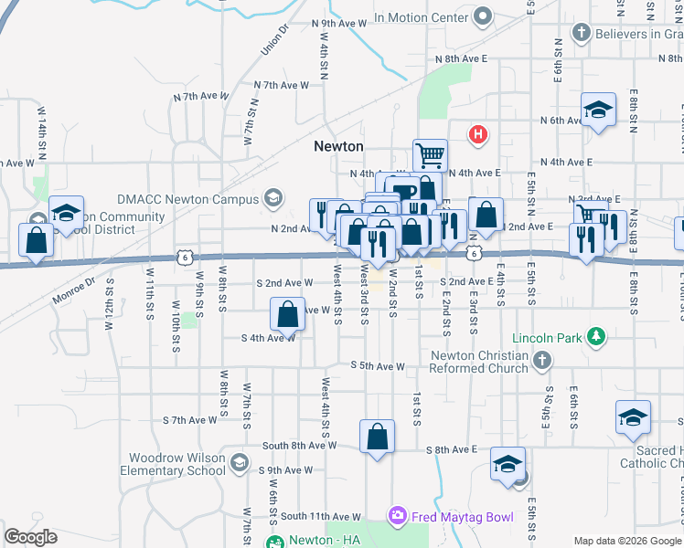 map of restaurants, bars, coffee shops, grocery stores, and more near in Newton