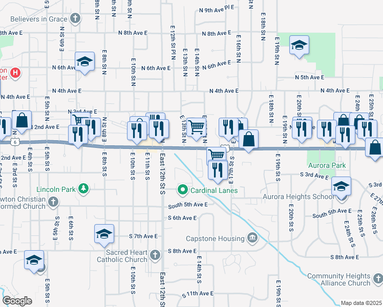 map of restaurants, bars, coffee shops, grocery stores, and more near 1311 1st Avenue East in Newton