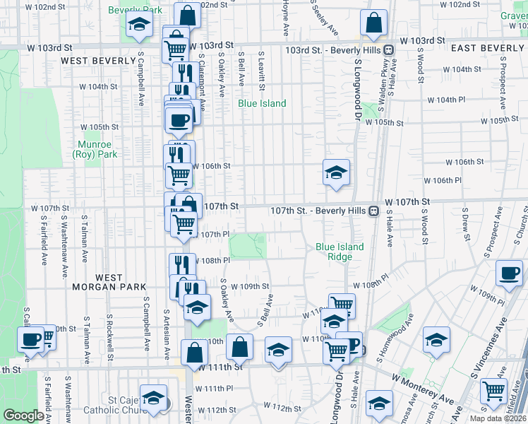 map of restaurants, bars, coffee shops, grocery stores, and more near 2161 West 107th Street in Chicago