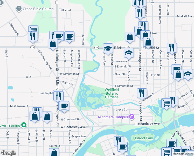 map of restaurants, bars, coffee shops, grocery stores, and more near 156 West Simonton Street in Elkhart