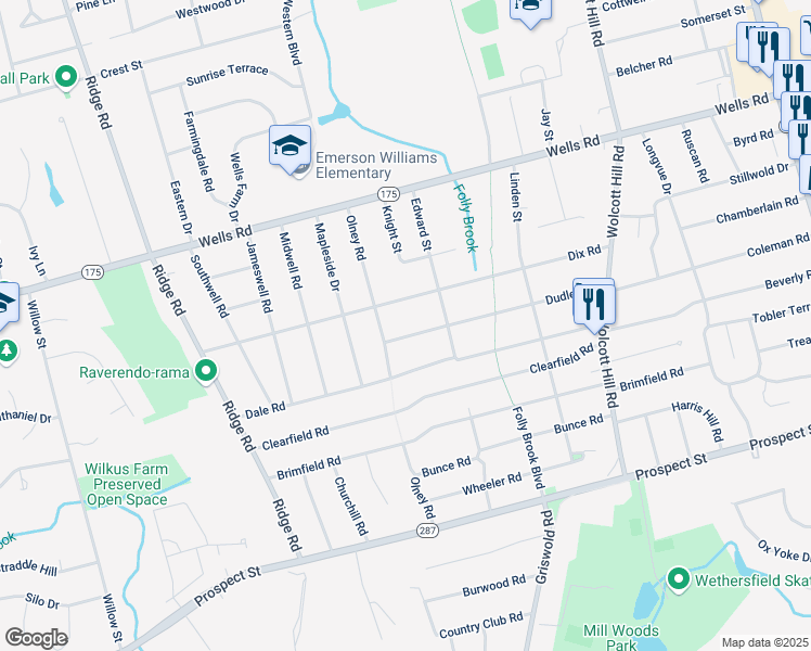 map of restaurants, bars, coffee shops, grocery stores, and more near 181 Dudley Road in Wethersfield