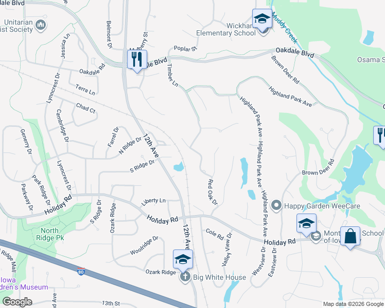 map of restaurants, bars, coffee shops, grocery stores, and more near 1754 Timber Hills Drive in Coralville