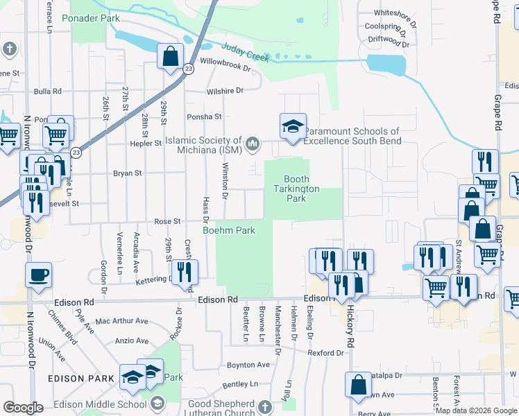 map of restaurants, bars, coffee shops, grocery stores, and more near 1701-1799 Rerick St in South Bend