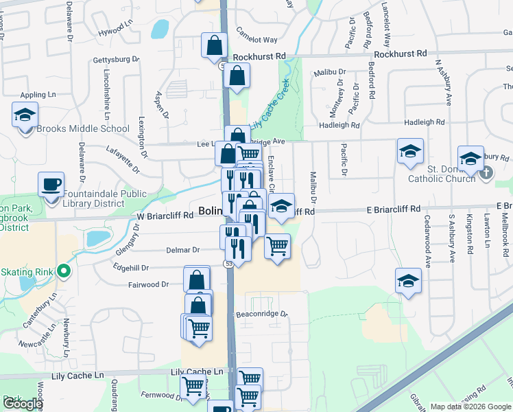 map of restaurants, bars, coffee shops, grocery stores, and more near 112 East Briarcliff Road in Bolingbrook