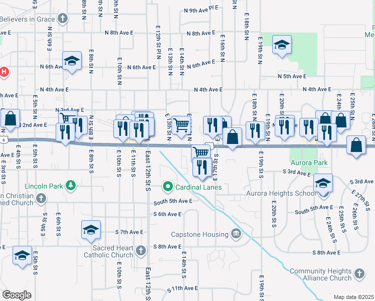 map of restaurants, bars, coffee shops, grocery stores, and more near 1337 1st Avenue East in Newton