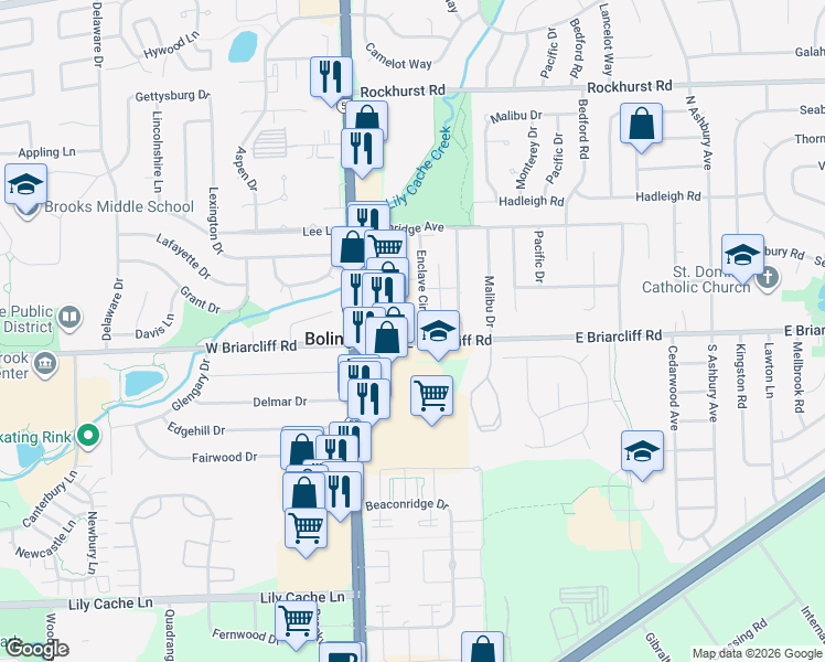 map of restaurants, bars, coffee shops, grocery stores, and more near 112 East Briarcliff Road in Bolingbrook