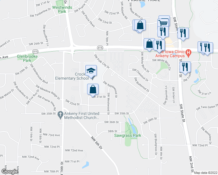 map of restaurants, bars, coffee shops, grocery stores, and more near 1605 Southwest Westwood Street in Ankeny