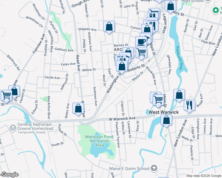 map of restaurants, bars, coffee shops, grocery stores, and more near 310 Washington Street in West Warwick