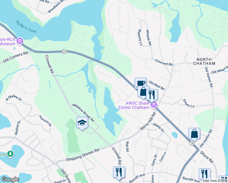 map of restaurants, bars, coffee shops, grocery stores, and more near 119 Misty Meadow Lane in Chatham