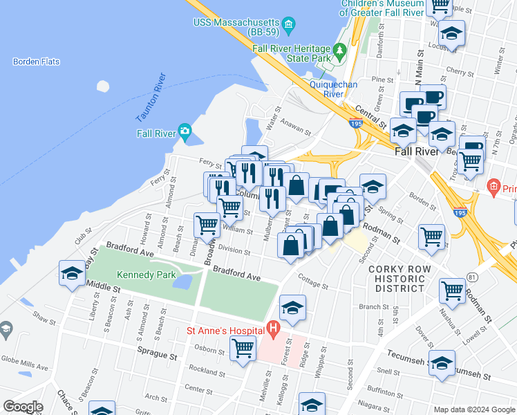 map of restaurants, bars, coffee shops, grocery stores, and more near 257 Hope Street in Fall River