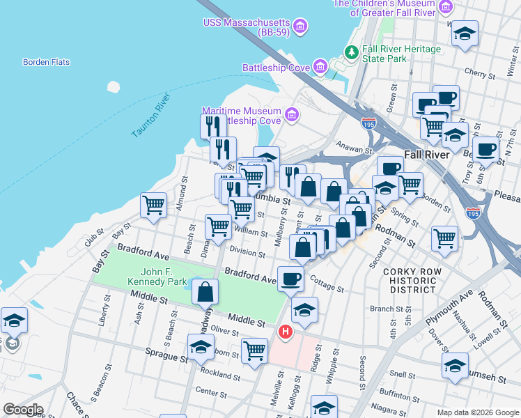 map of restaurants, bars, coffee shops, grocery stores, and more near 154 Eagle Street in Fall River
