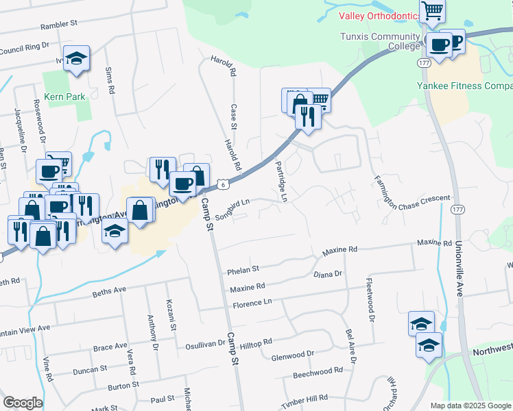 map of restaurants, bars, coffee shops, grocery stores, and more near 67 Songbird Lane in Farmington