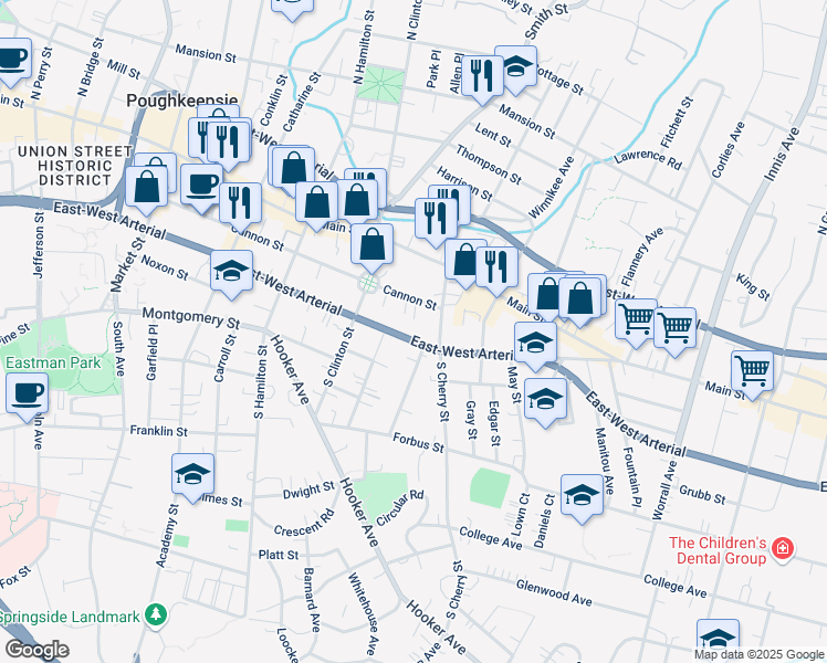 map of restaurants, bars, coffee shops, grocery stores, and more near 286 Church Street in Poughkeepsie