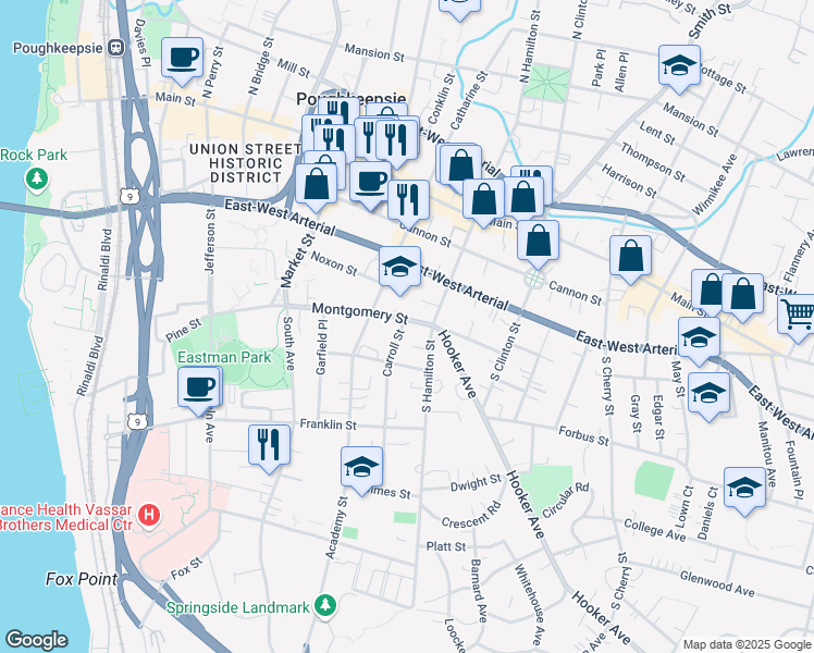 map of restaurants, bars, coffee shops, grocery stores, and more near 5 Carroll Street in Poughkeepsie