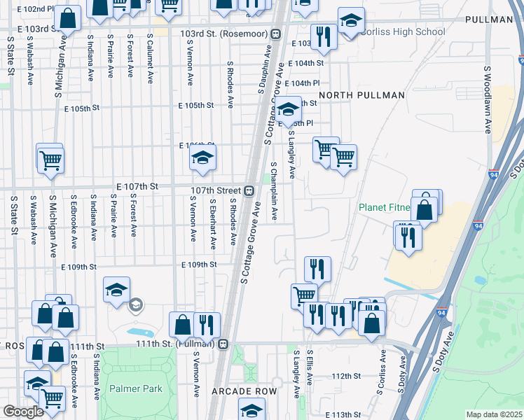 map of restaurants, bars, coffee shops, grocery stores, and more near 10766 South Champlain Avenue in Chicago
