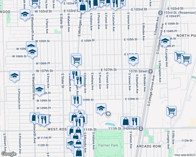 map of restaurants, bars, coffee shops, grocery stores, and more near 10749 South Indiana Avenue in Chicago