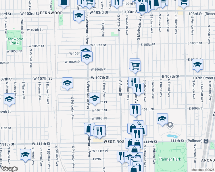 map of restaurants, bars, coffee shops, grocery stores, and more near 10443 South Perry Avenue in Chicago