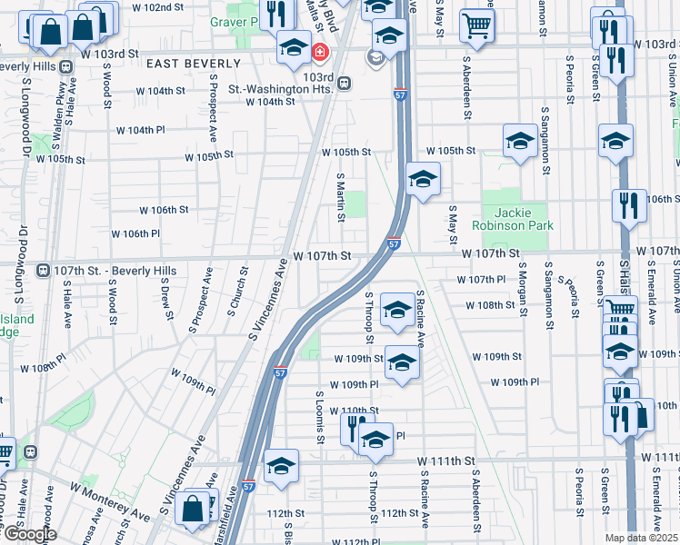map of restaurants, bars, coffee shops, grocery stores, and more near 1325 West 107th Place in Chicago