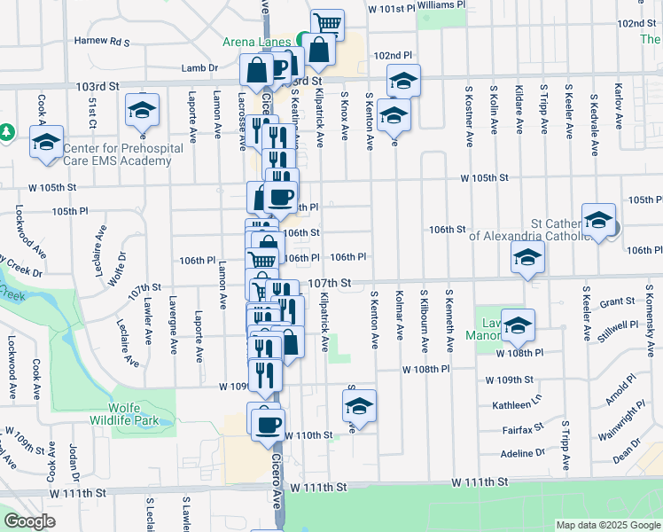 map of restaurants, bars, coffee shops, grocery stores, and more near 4624 107th Street in Oak Lawn