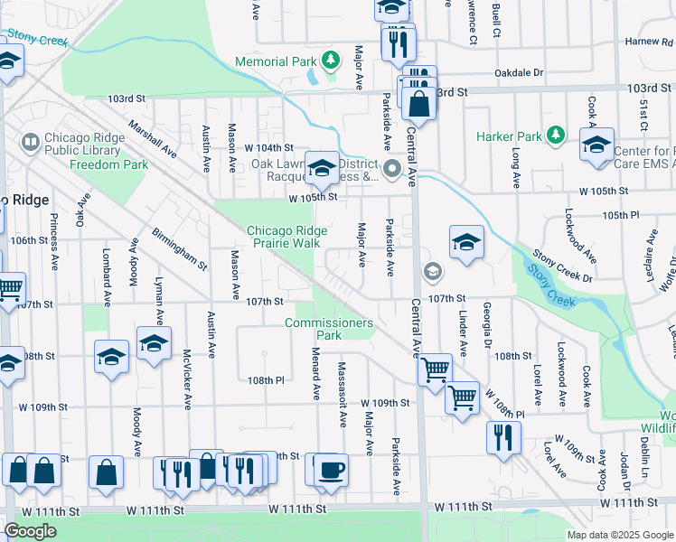 map of restaurants, bars, coffee shops, grocery stores, and more near 5725 Ridgemont Lane in Chicago Ridge