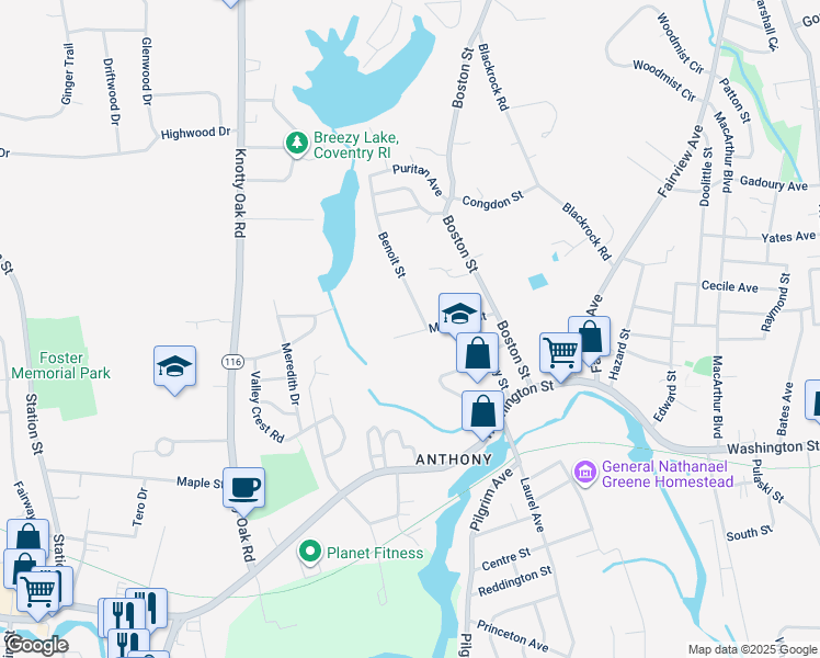 map of restaurants, bars, coffee shops, grocery stores, and more near 44 Meeting Street in Coventry